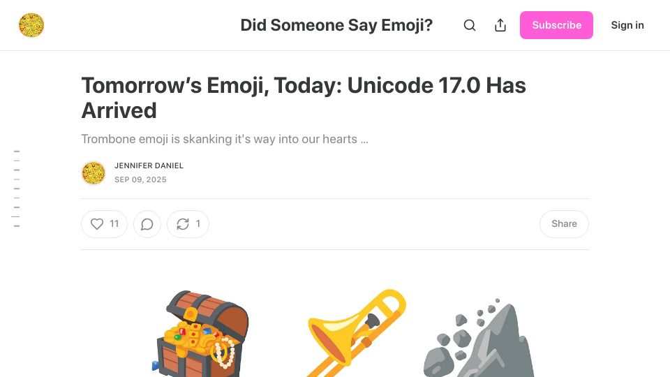 Screenshot of jenniferdaniel.substack.com: Tomorrow's emoji today: Unicode 17.0