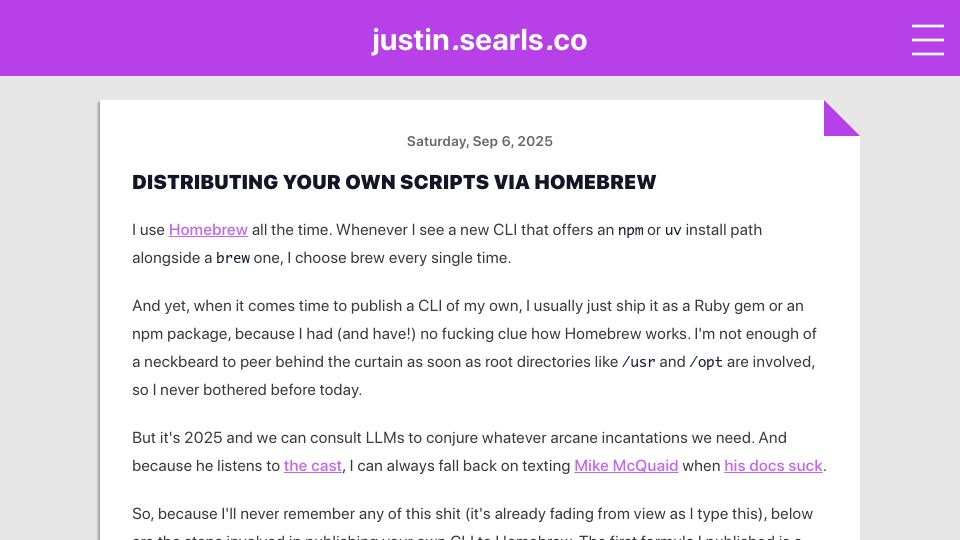 Screenshot of justin.searls.co: Distributing your own scripts via Homebrew