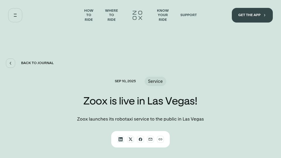 Screenshot of zoox.com: Zoox robotaxi launches in Las Vegas