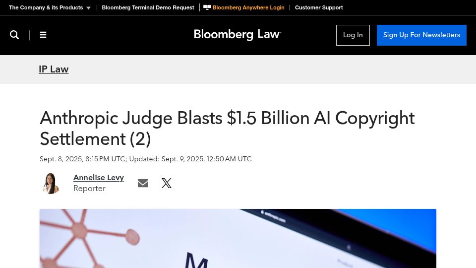 Screenshot of news.bloomberglaw.com: Anthropic judge rejects $1.5B AI copyright settlement