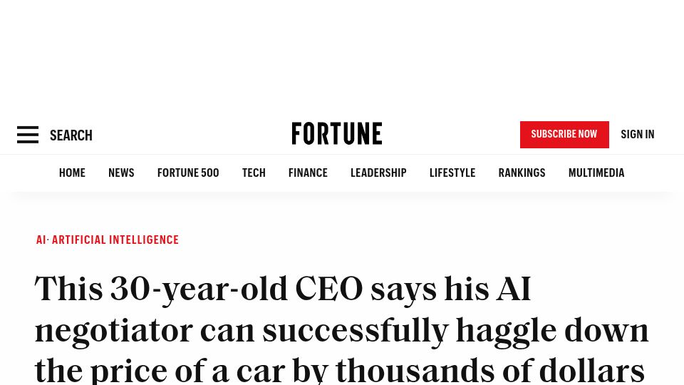 Screenshot of fortune.com: AI negotiator successfully haggles down the price of a car thousands of dollars
