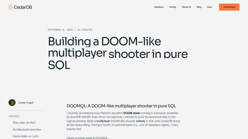 Screenshot of cedardb.com: Building a DOOM-like multiplayer shooter in pure SQL