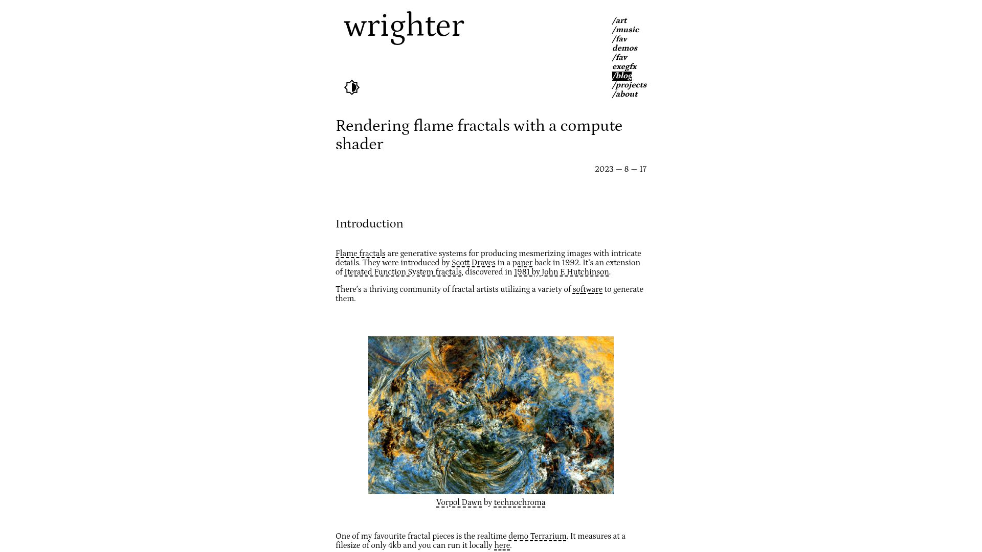 Screenshot of wrighter.xyz: Rendering flame fractals with a compute shader (2023)