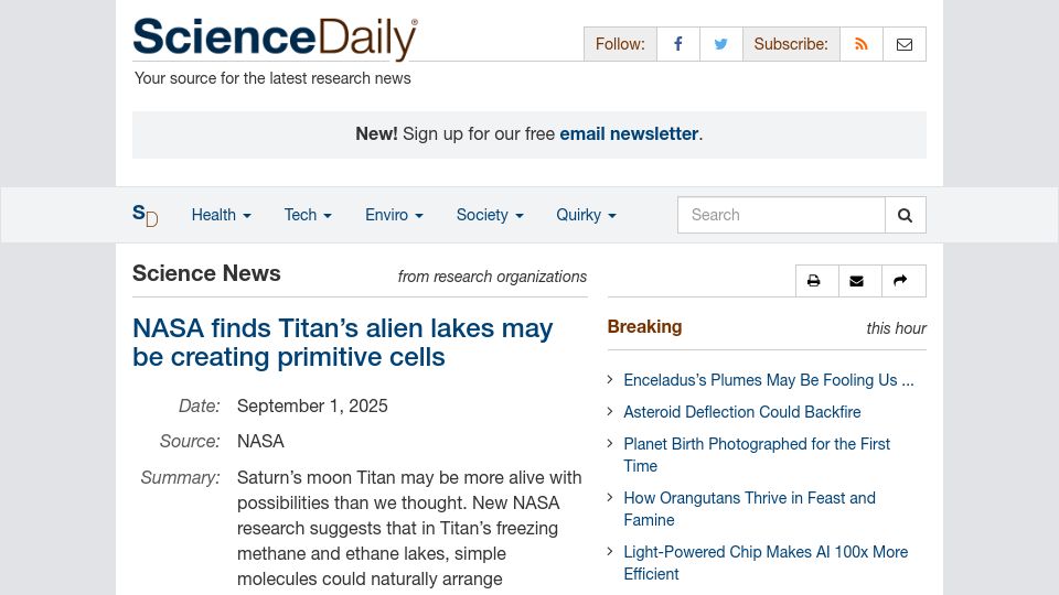 Screenshot of sciencedaily.com: NASA finds Titan's lakes may be creating vesicles with primitive cell walls