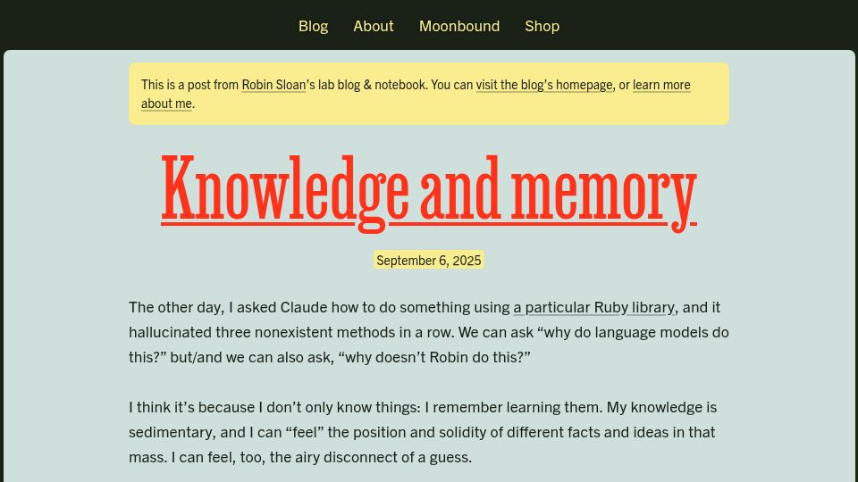 Screenshot of robinsloan.com: Knowledge and memory