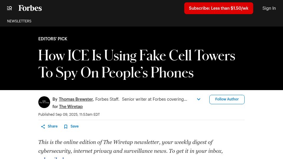 Screenshot of forbes.com: ICE is using fake cell towers to spy on people's phones