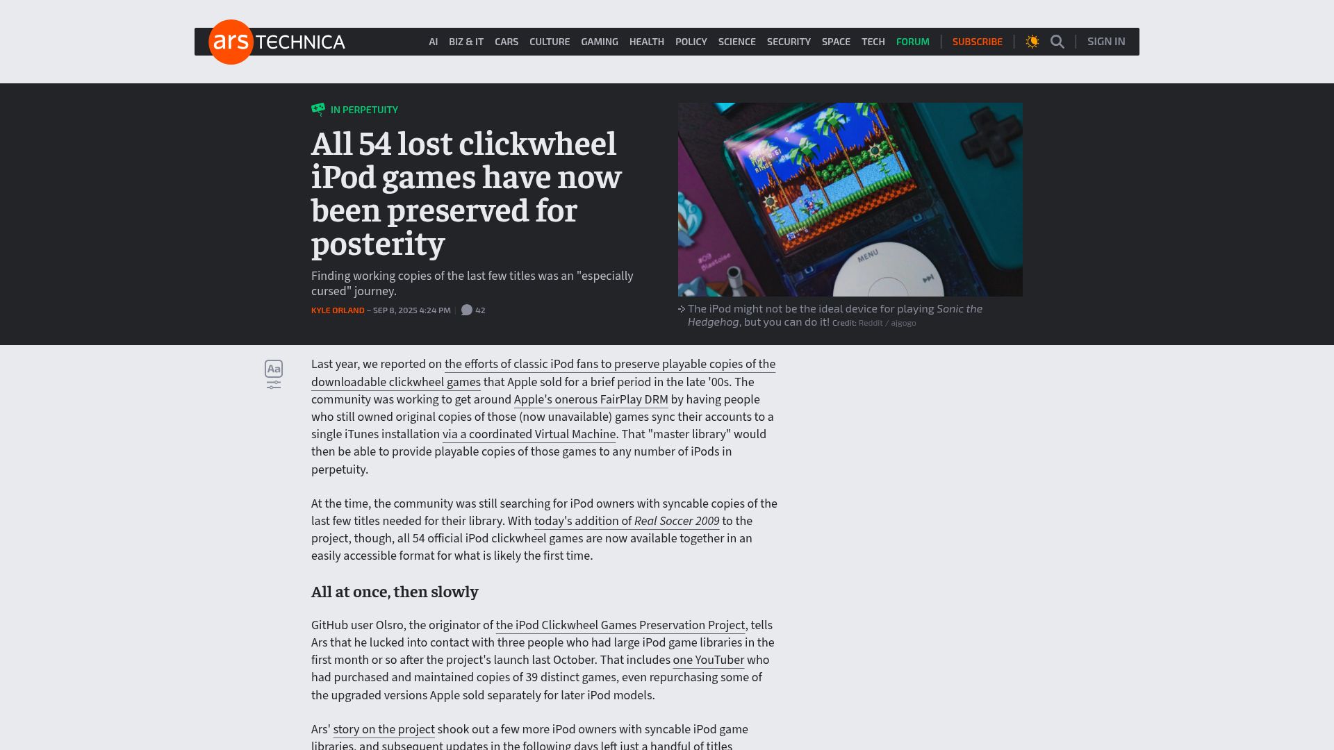Screenshot of arstechnica.com: All clickwheel iPod games have now been preserved for posterity