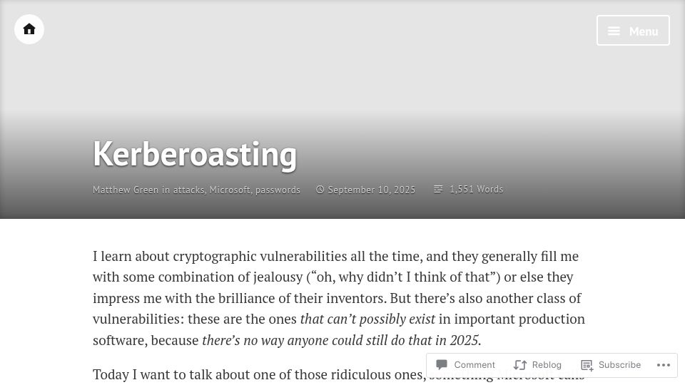 Screenshot of blog.cryptographyengineering.com: Kerberoasting