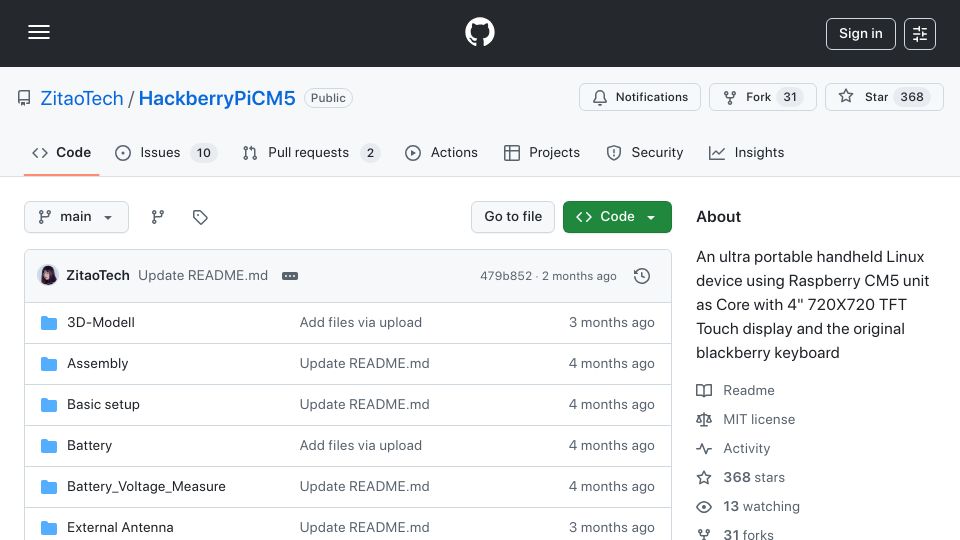 Screenshot of github.com: The HackberryPi CM5 handheld computer