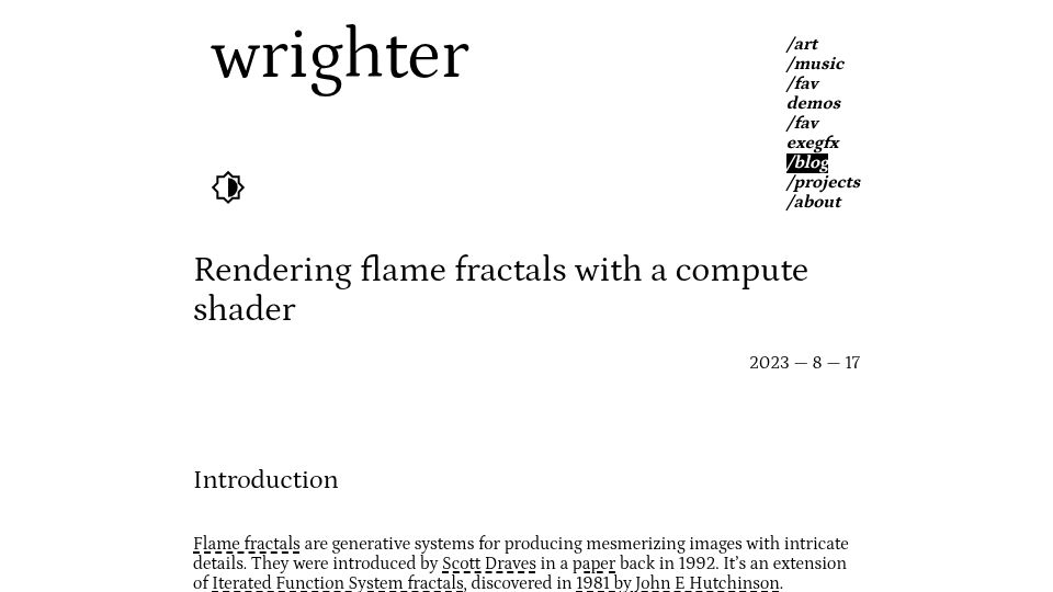 Screenshot of wrighter.xyz: Rendering flame fractals with a compute shader (2023)