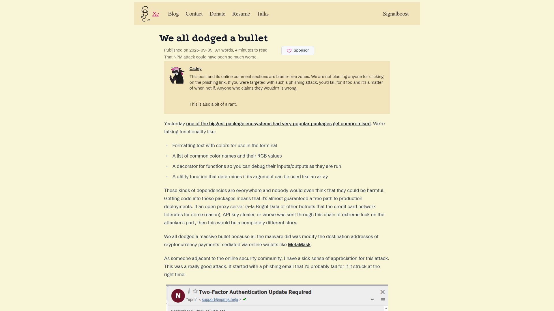 Screenshot of xeiaso.net: We all dodged a bullet