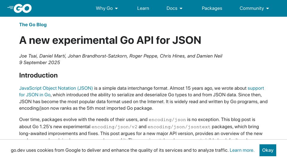 Screenshot of go.dev: A new experimental Go API for JSON