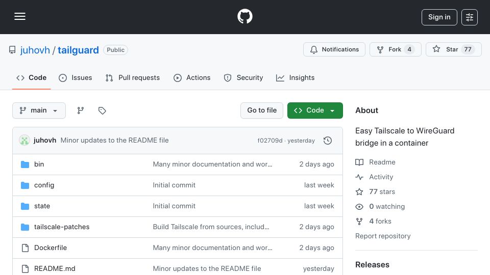 Screenshot of github.com: Show HN: TailGuard – Bridge your WireGuard router into Tailscale via a container