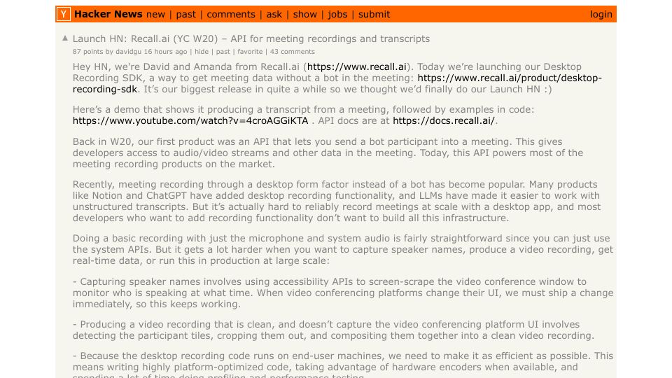 Screenshot of Hacker News post: Launch HN: Recall.ai (YC W20) – API for meeting recordings and transcripts