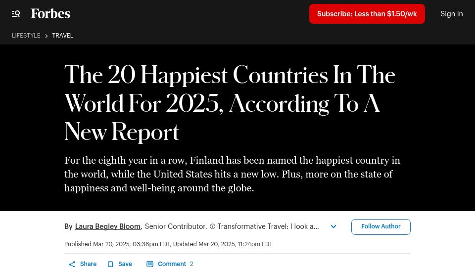 Screenshot of forbes.com: Happiest Countries in the World for 2025, According to a New Report