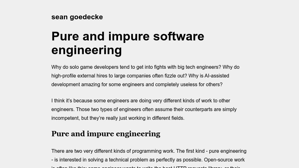 Screenshot of seangoedecke.com: Pure and Impure Software Engineering