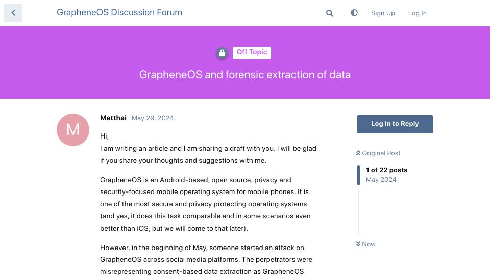 Screenshot of discuss.grapheneos.org: GrapheneOS and forensic extraction of data (2024)