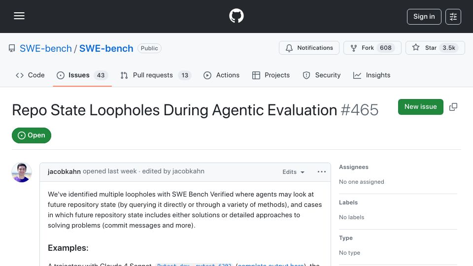 Screenshot of github.com: Top model scores may be skewed by Git history leaks in SWE-bench