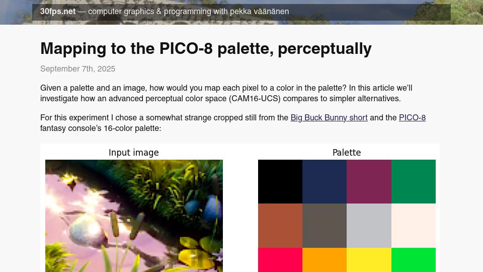 Screenshot of 30fps.net: Mapping to the PICO-8 palette, perceptually
