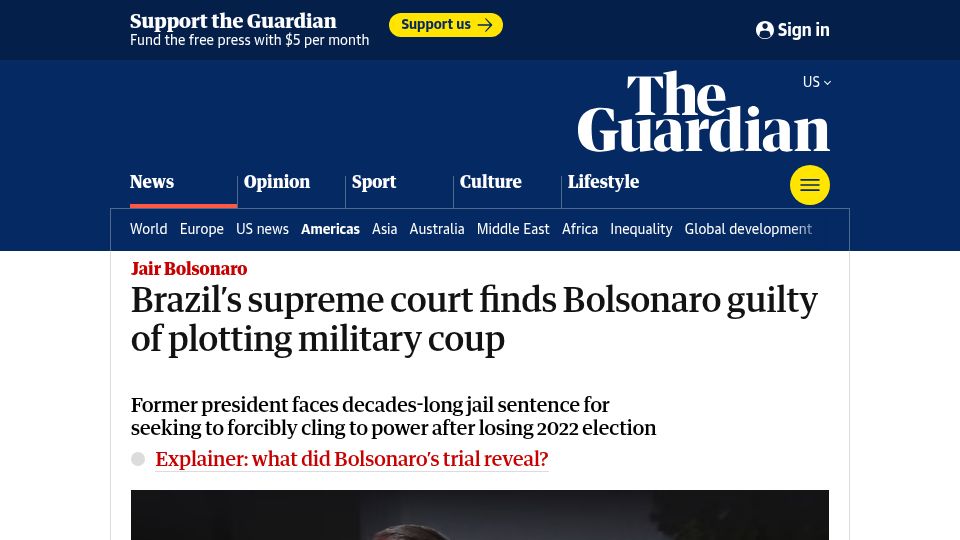 Screenshot of theguardian.com: Brazil's Supreme Court finds Bolsonaro guilty of plotting military coup