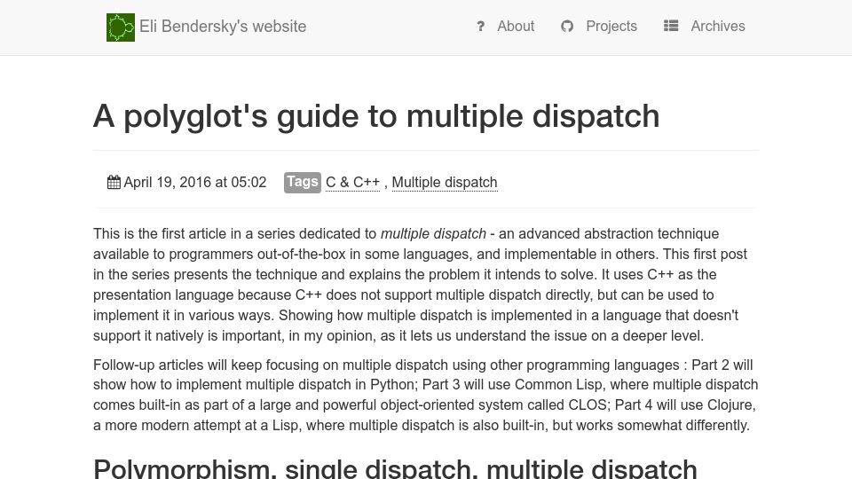 Screenshot of eli.thegreenplace.net: A polyglot's guide to multiple-dispatch (2016)