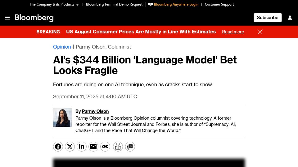 Screenshot of bloomberg.com: AI's $344B 'Language Model' Bet Looks Fragile