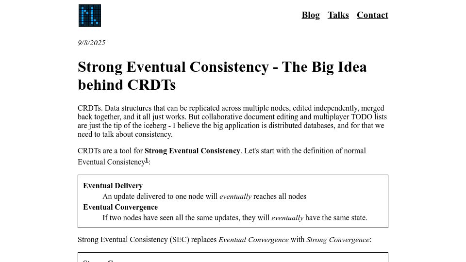 Screenshot of lewiscampbell.tech: Strong Eventual Consistency – The Big Idea Behind CRDTs