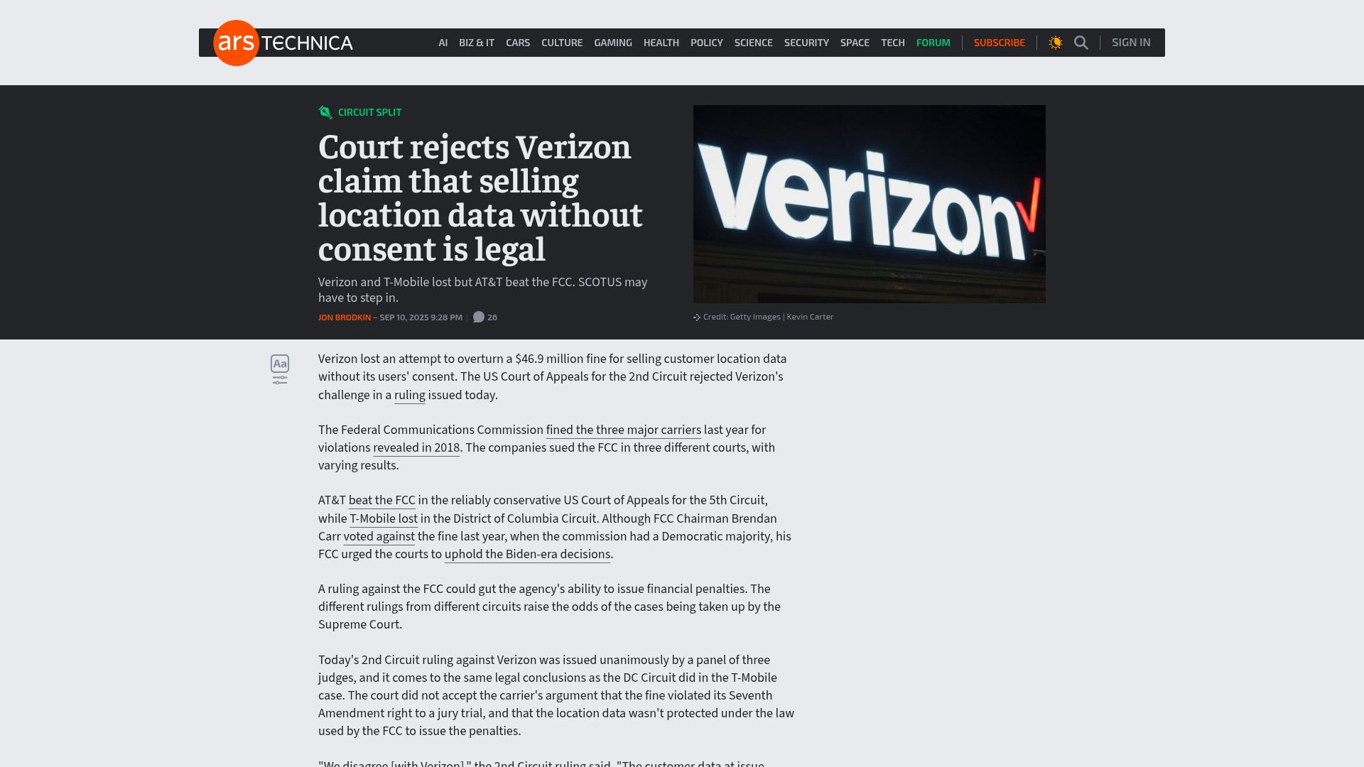 Screenshot of arstechnica.com: Court rejects Verizon claim that selling location data without consent is legal