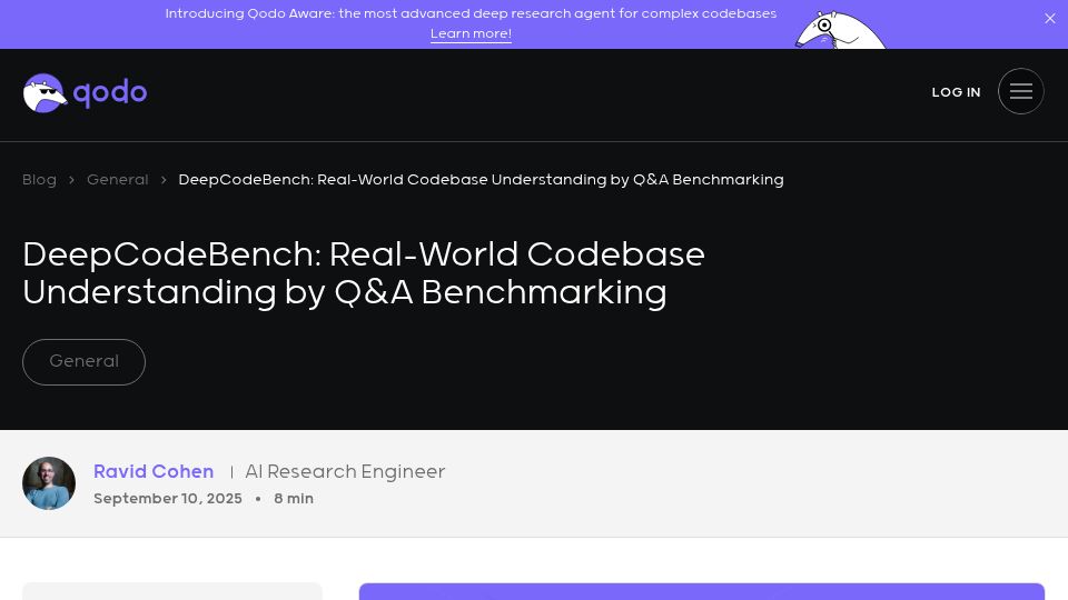 Screenshot of qodo.ai: DeepCodeBench: Real-World Codebase Understanding by Q&A Benchmarking