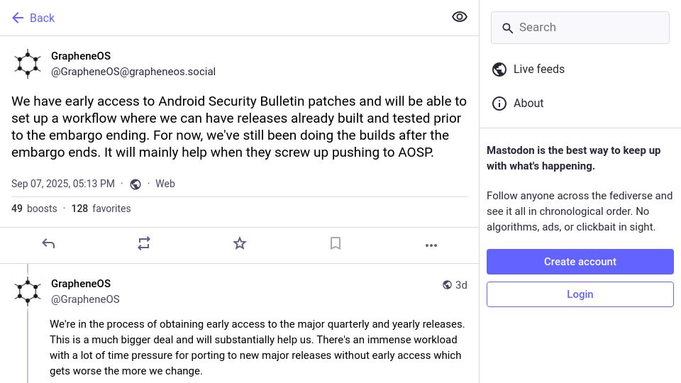 Screenshot of grapheneos.social: GrapheneOS accessed Android security patches but not allowed to publish sources