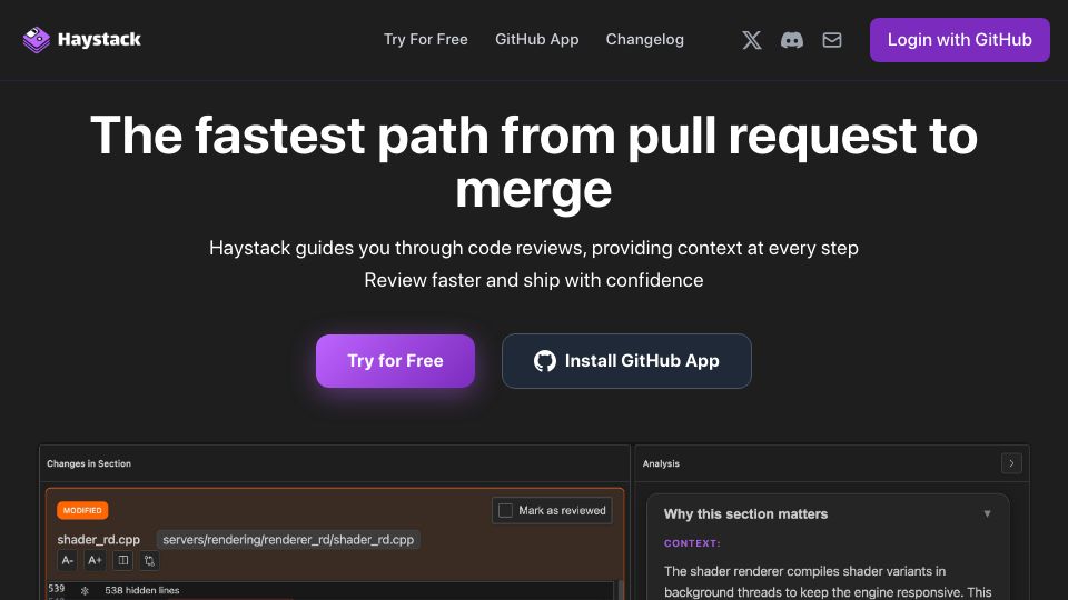 Screenshot of haystackeditor.com: Show HN: Haystack – Review pull requests like you wrote them yourself
