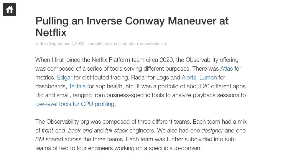 Screenshot of jivimberg.io: Pulling an Inverse Conway Maneuver at Netflix (2023)