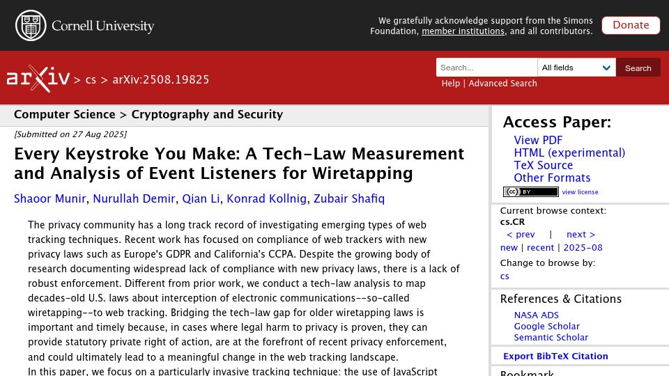 Screenshot of arxiv.org: A tech-law measurement and analysis of event listeners for wiretapping