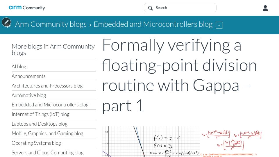 Screenshot of community.arm.com: Formally verifying a floating-point division routine with Gappa – part 1