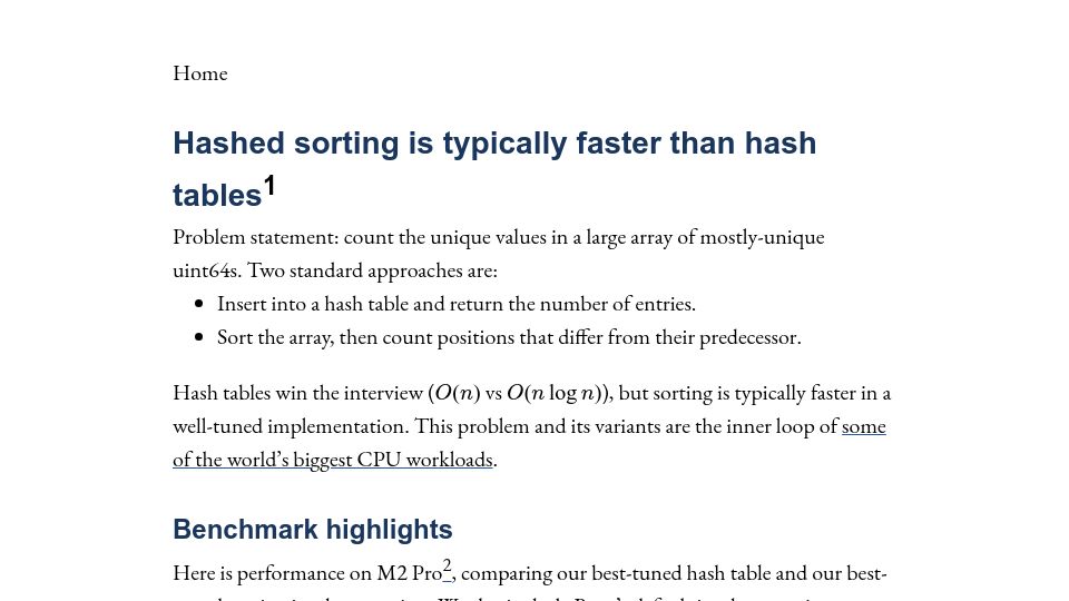 Screenshot of reiner.org: Hashed sorting is typically faster than hash tables