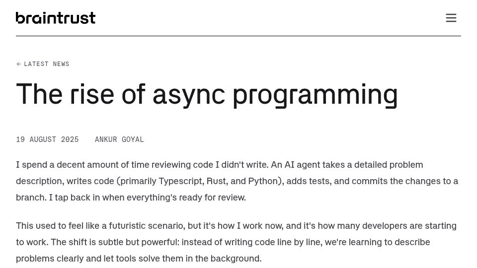 Screenshot of braintrust.dev: The rise of async AI programming