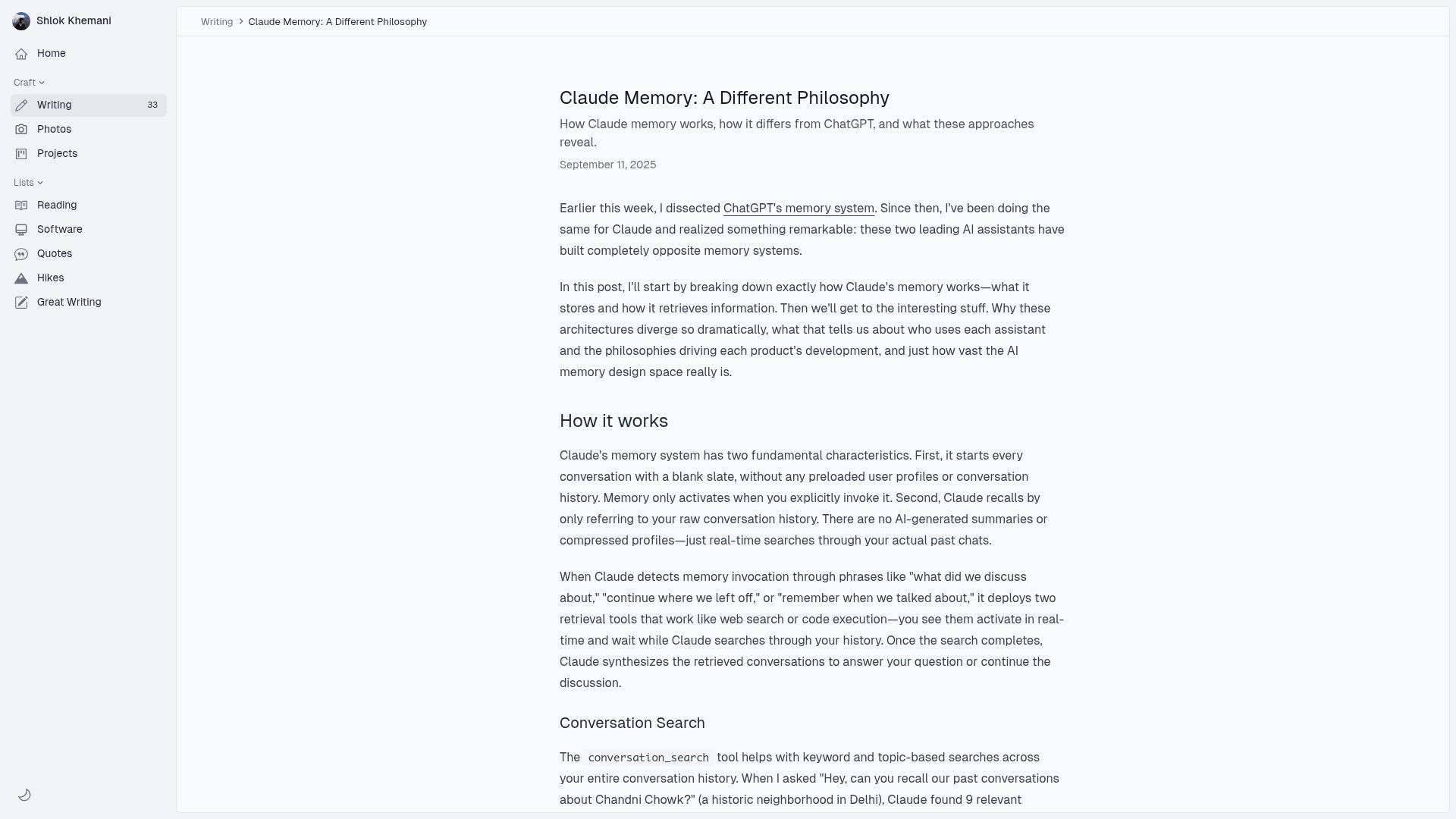 Screenshot of shloked.com: Claude’s memory architecture is the opposite of ChatGPT’s