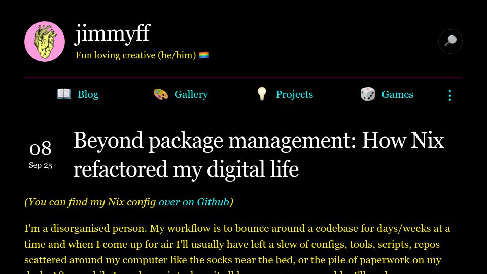 Screenshot of jimmyff.co.uk: Beyond package management: How Nix refactored my digital life