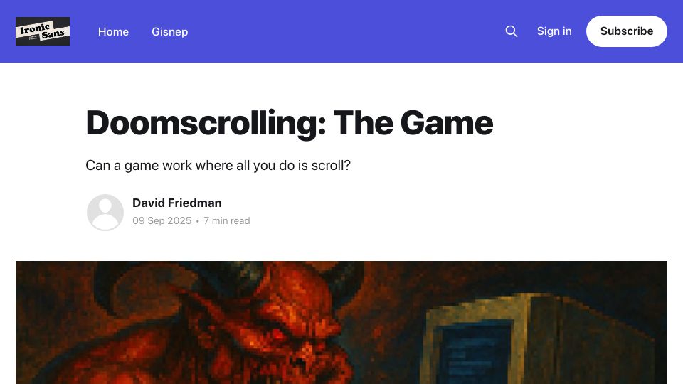 Screenshot of ironicsans.ghost.io: DOOMscrolling: The Game
