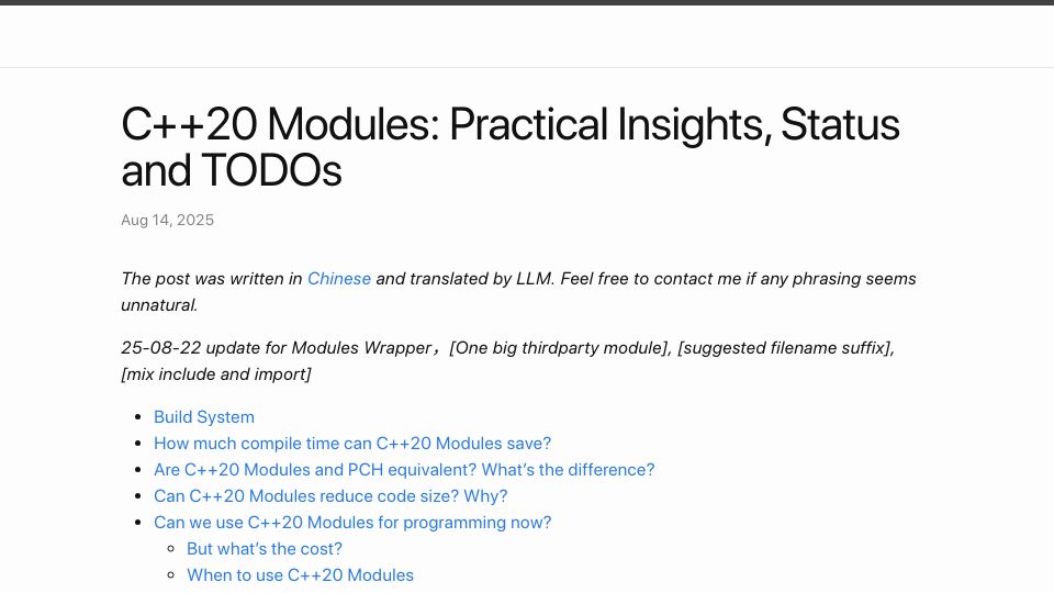 Screenshot of chuanqixu9.github.io: C++20 Modules: Practical Insights, Status and TODOs