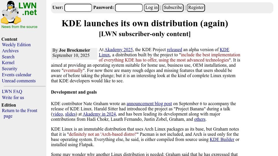 Screenshot of lwn.net: KDE launches its own distribution