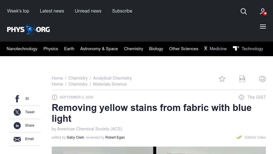 Screenshot of phys.org: Removing yellow stains from fabric with blue light