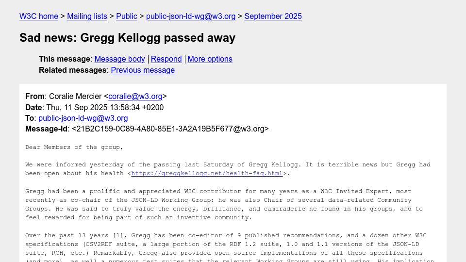 Screenshot of lists.w3.org: Gregg Kellogg has died