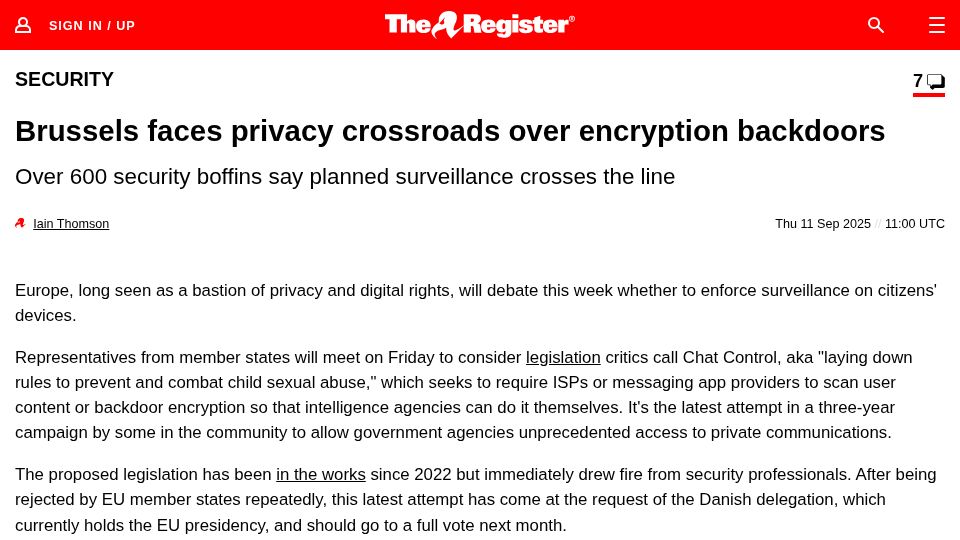 Screenshot of theregister.com: Brussels faces privacy crossroads over encryption backdoors