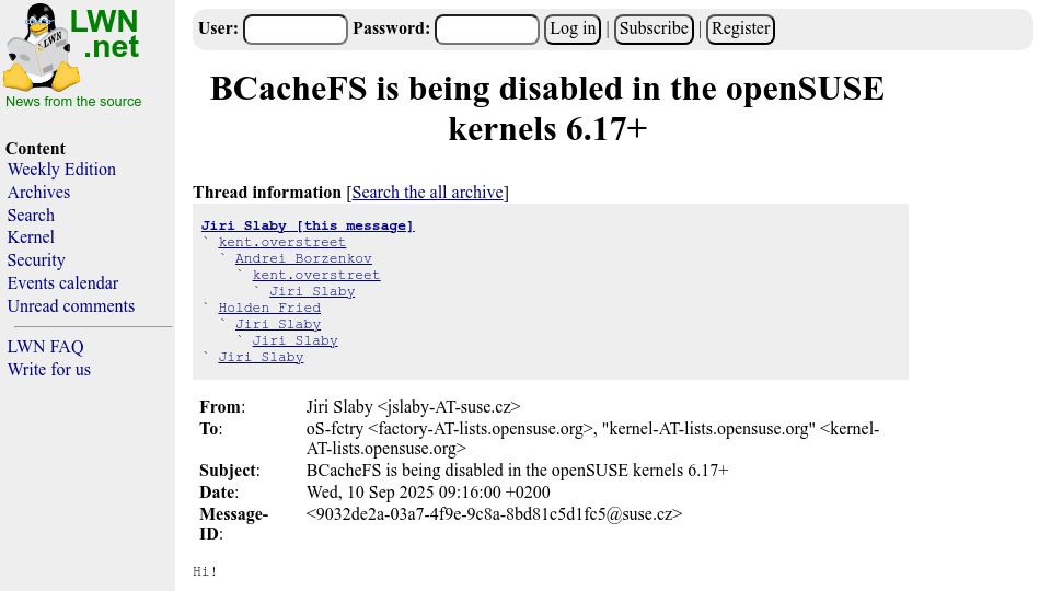 Screenshot of lwn.net: BCacheFS is being disabled in the openSUSE kernels 6.17+