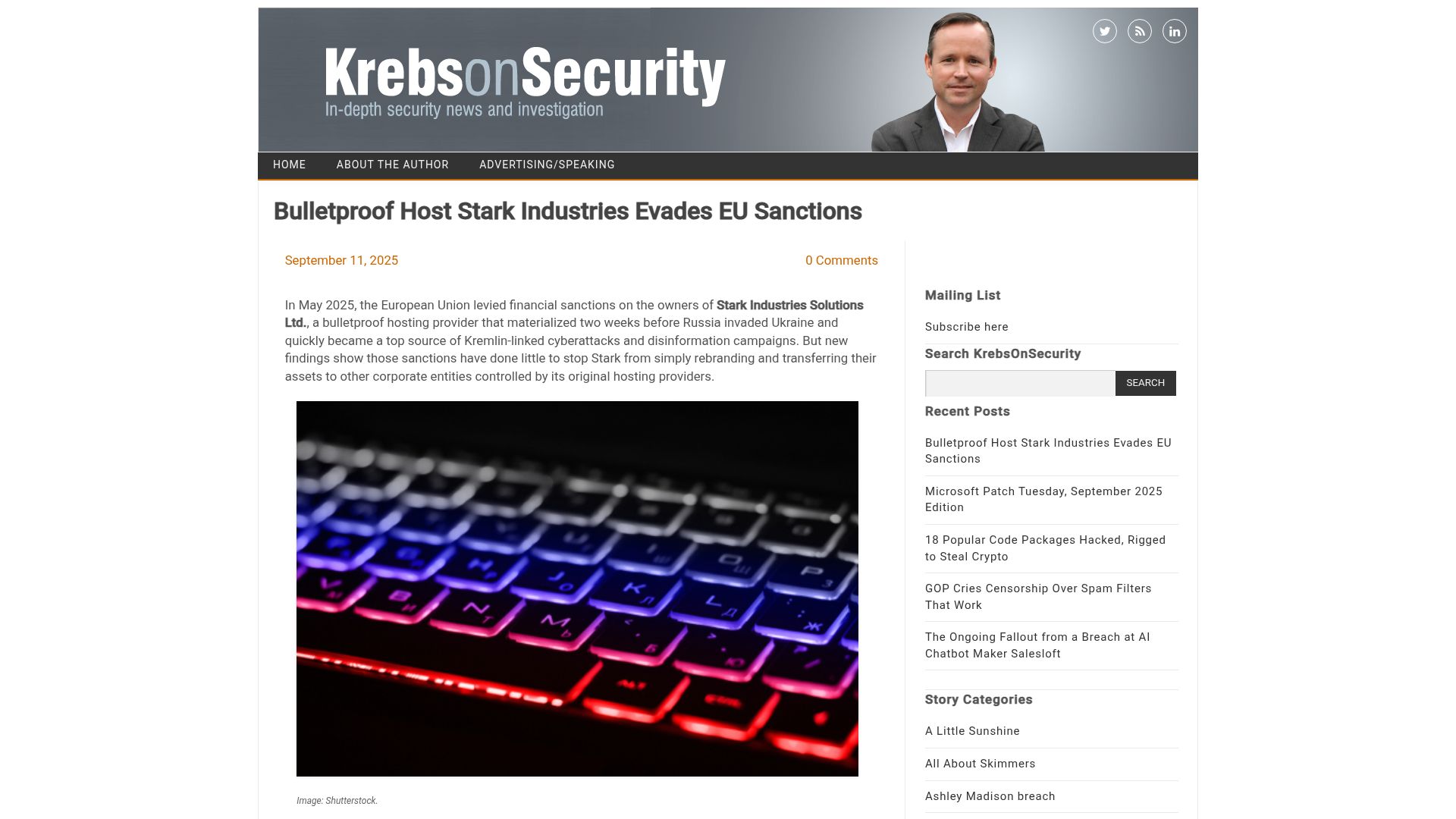 Screenshot of krebsonsecurity.com: Bulletproof host Stark Industries evades EU sanctions