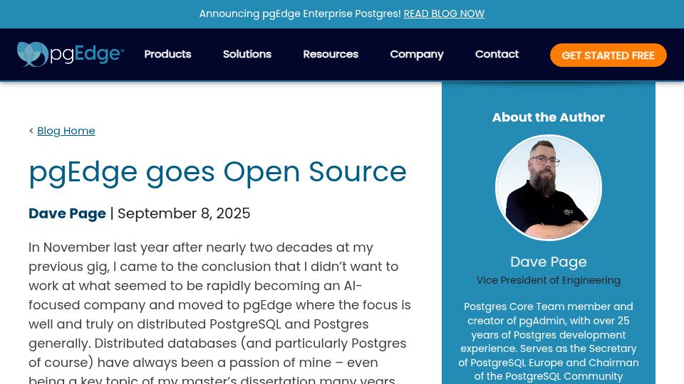 Screenshot of pgedge.com: PgEdge Goes Open Source