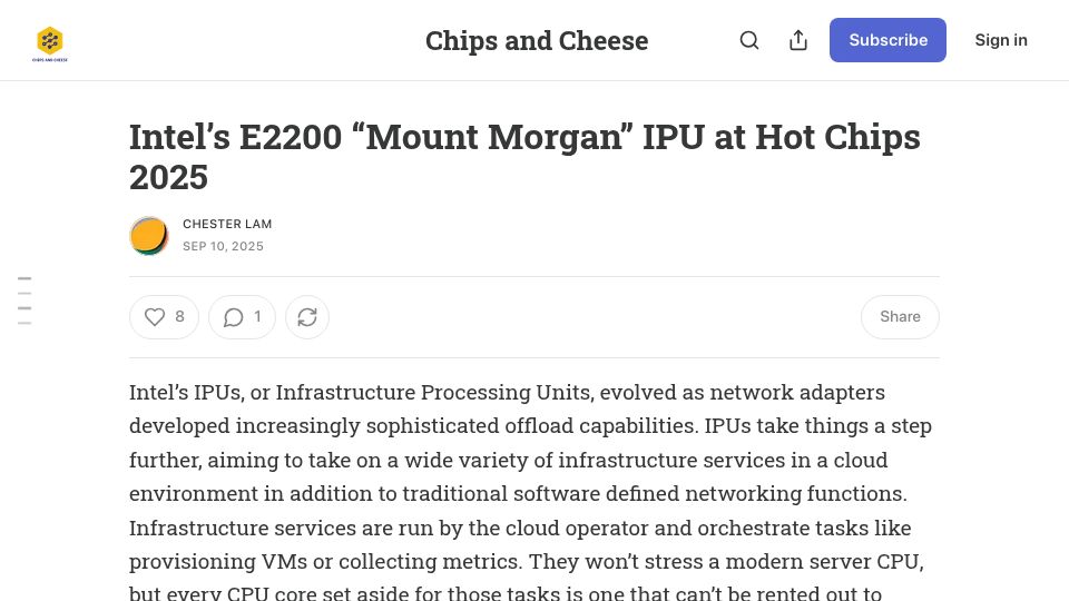 Screenshot of chipsandcheese.com: Intel's E2200 "Mount Morgan" IPU at Hot Chips 2025