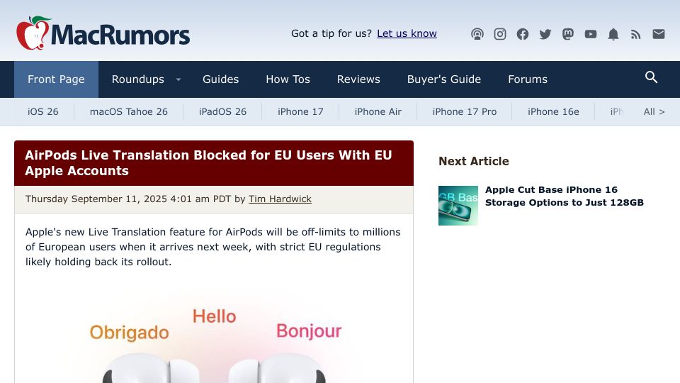 Screenshot of macrumors.com: AirPods live translation blocked for EU users with EU Apple accounts