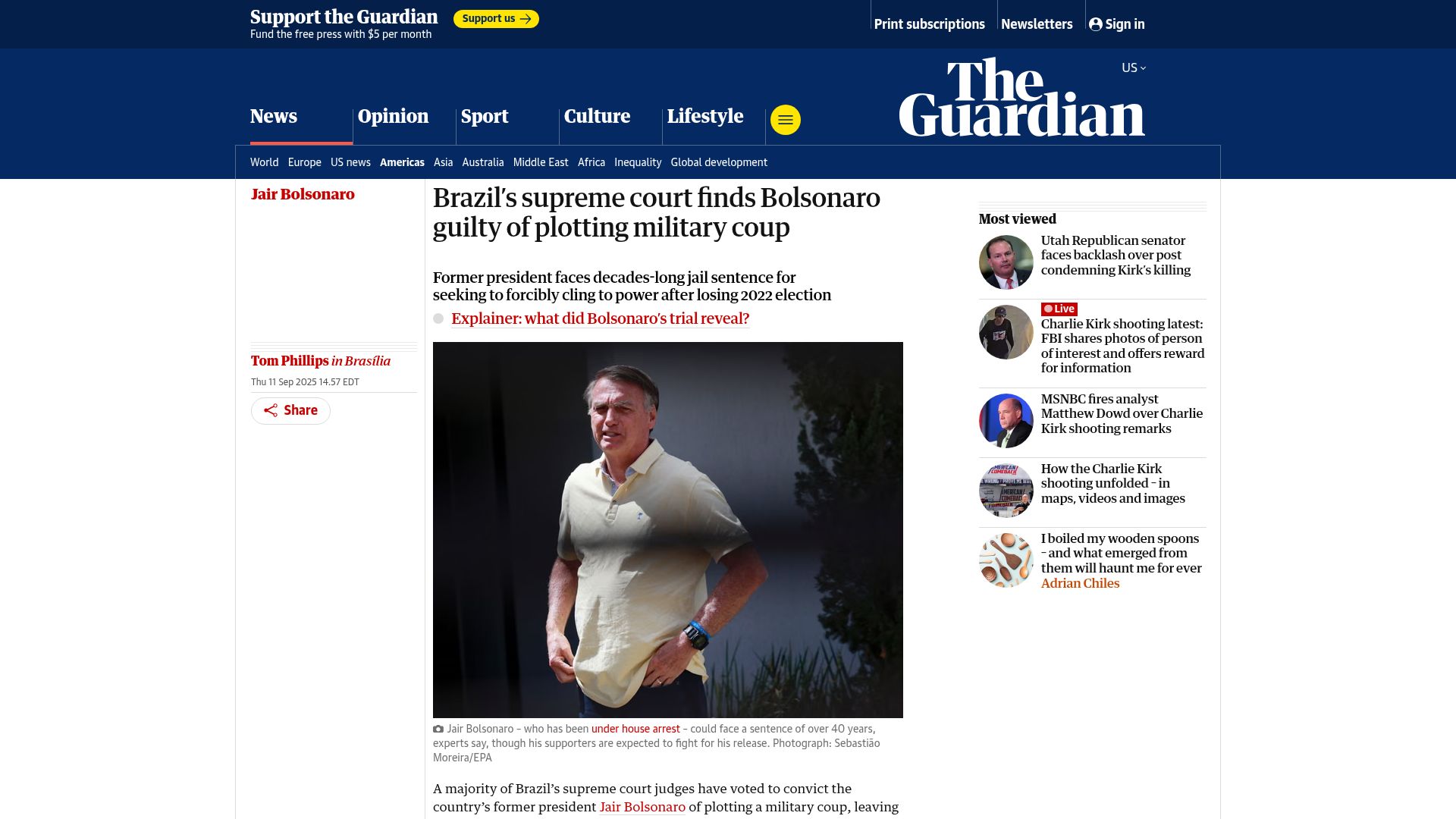 Screenshot of theguardian.com: Brazil's Supreme Court finds Bolsonaro guilty of plotting military coup